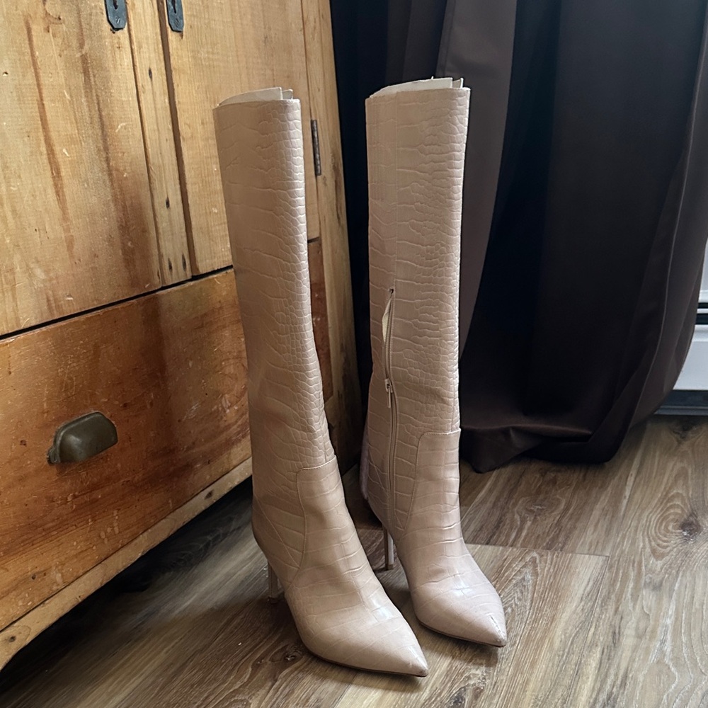Jeffrey Campbell Croc-Embossed Over-the-Knee Boots in Beige